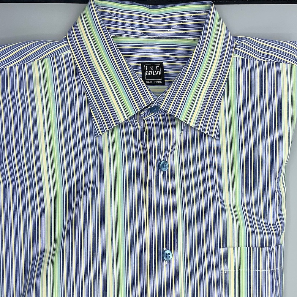 Ike Behar New York Mens Long Sleeve Button Down Blue Green Striped Shirt‎ Large
